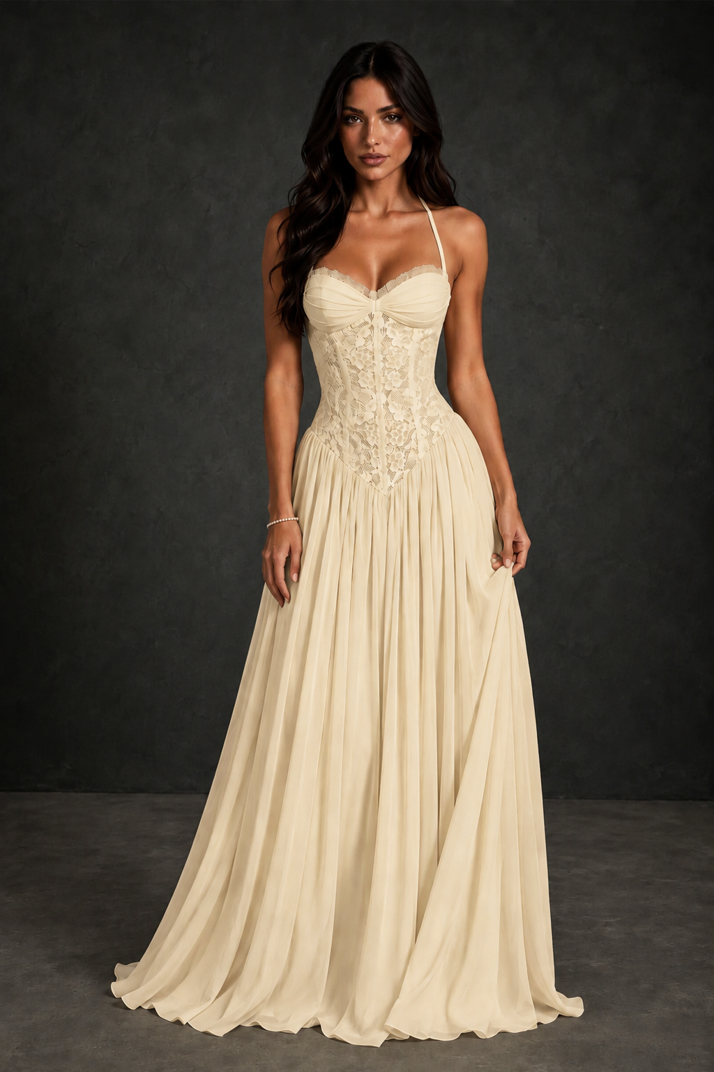 BOLODOO Champagne Lace Corset Halter Maxi Gown – Backless A-Line Formal Dress - Champagne