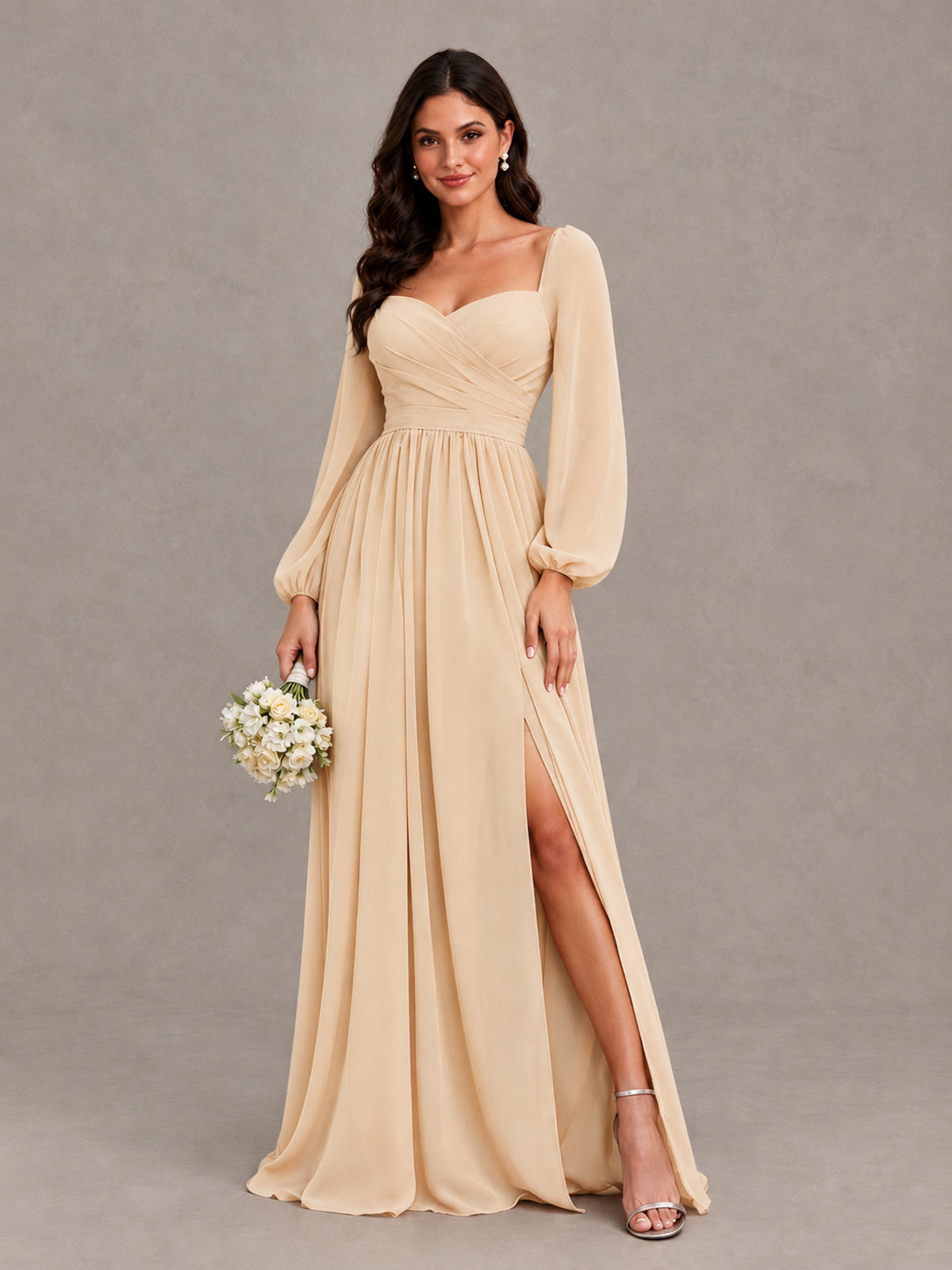 BOLODOO Champagne Long Sleeve Chiffon Bridesmaid Dress with Slit - Champagne - Champagne (1)