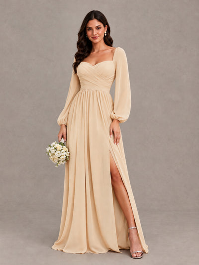 BOLODOO Champagne Long Sleeve Chiffon Bridesmaid Dress with Slit - Champagne - Champagne (1)