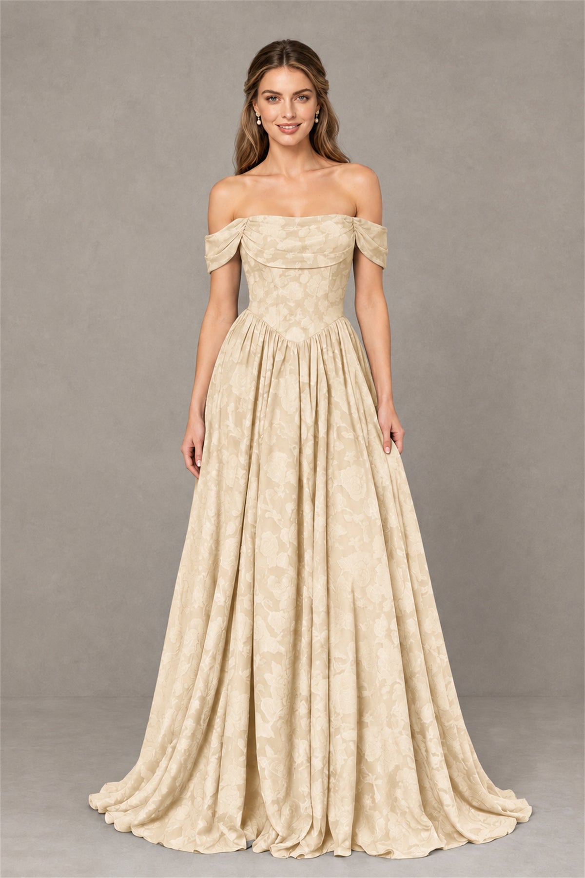 BOLODOO Champagne Off-Shoulder Floral A-Line Maxi Dress - Champagne
