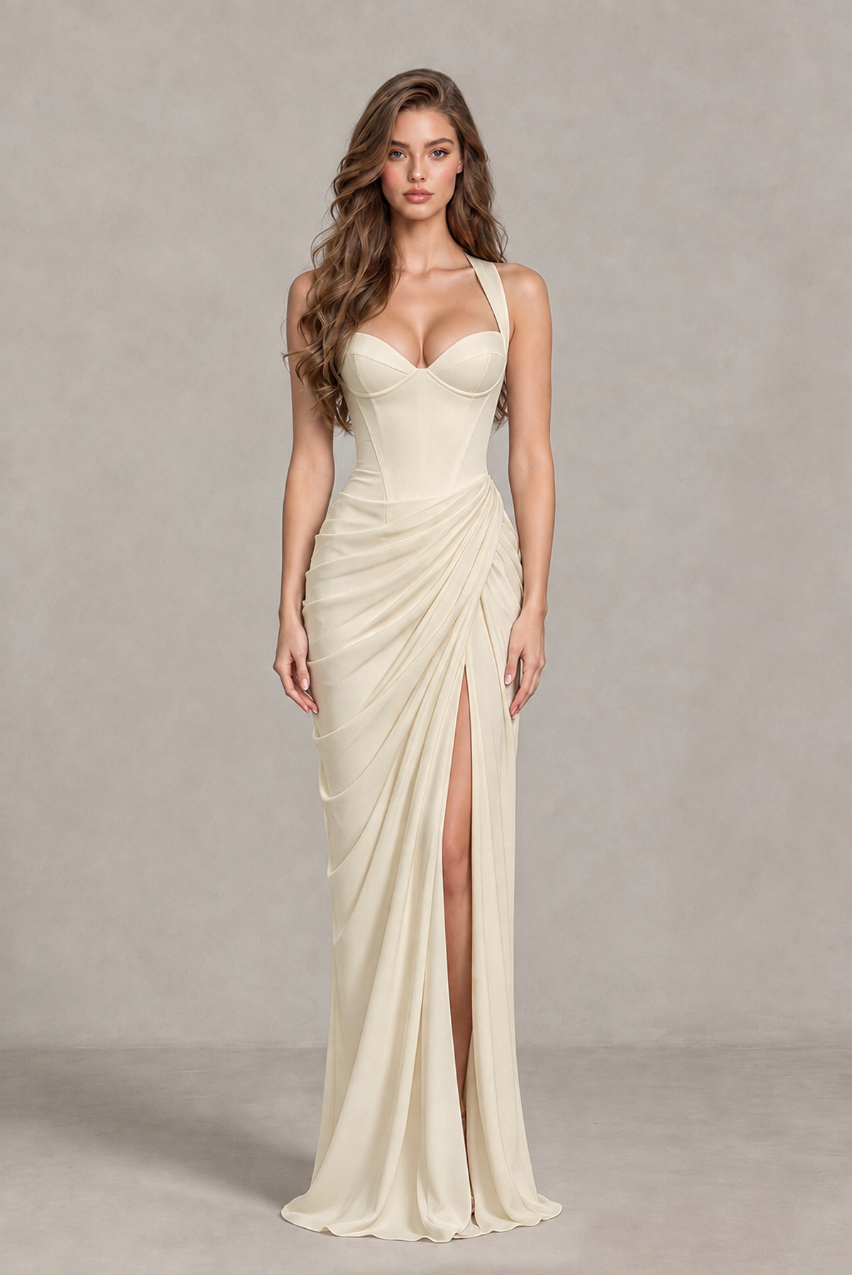 BOLODOO Chocolate Champagne Sweetheart Maxi Dress with High Slit - Champagne