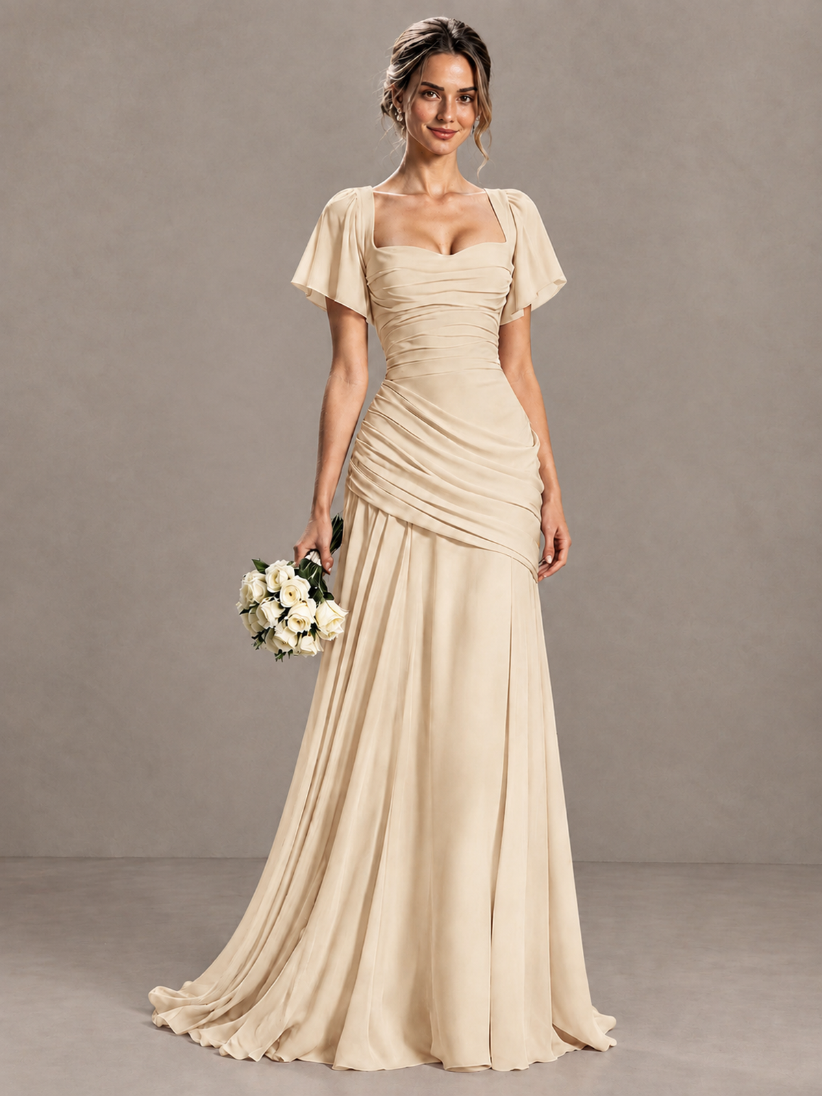 BOLODOO Champagne Flutter Sleeve Lace-Up Back Maxi Dress - Champagne - Champagne (1)