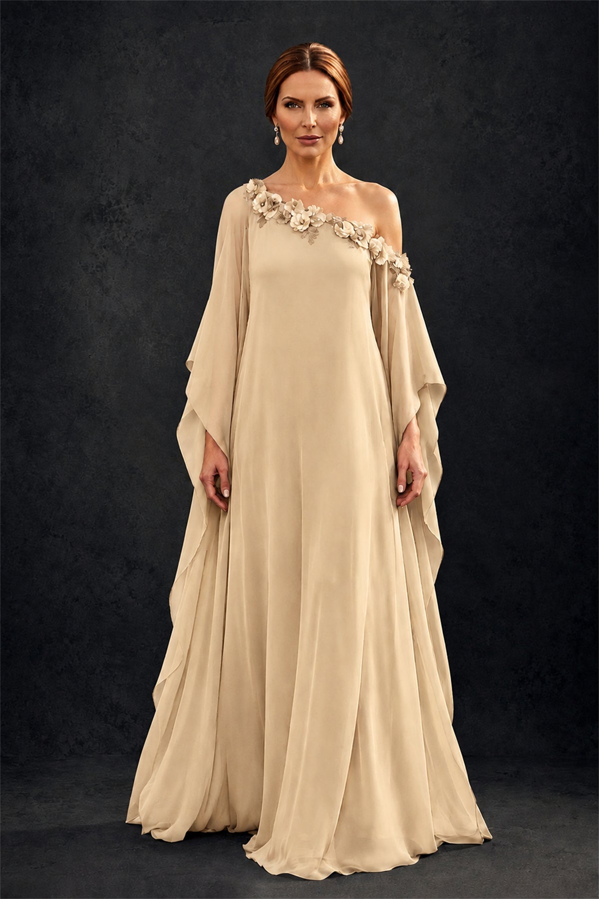 BOLODOO Champagne 2-Piece Set: Off-Shoulder 3D Floral Cape Gown & One-Shoulder Wide-Leg Jumpsuit | BD0373 - Champagne