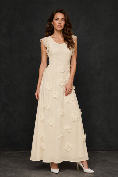 BOLODOO Champagne Scoop Neck Flutter Sleeve 3D Floral Appliqué A-Line Chiffon Maxi Dress - Champagne