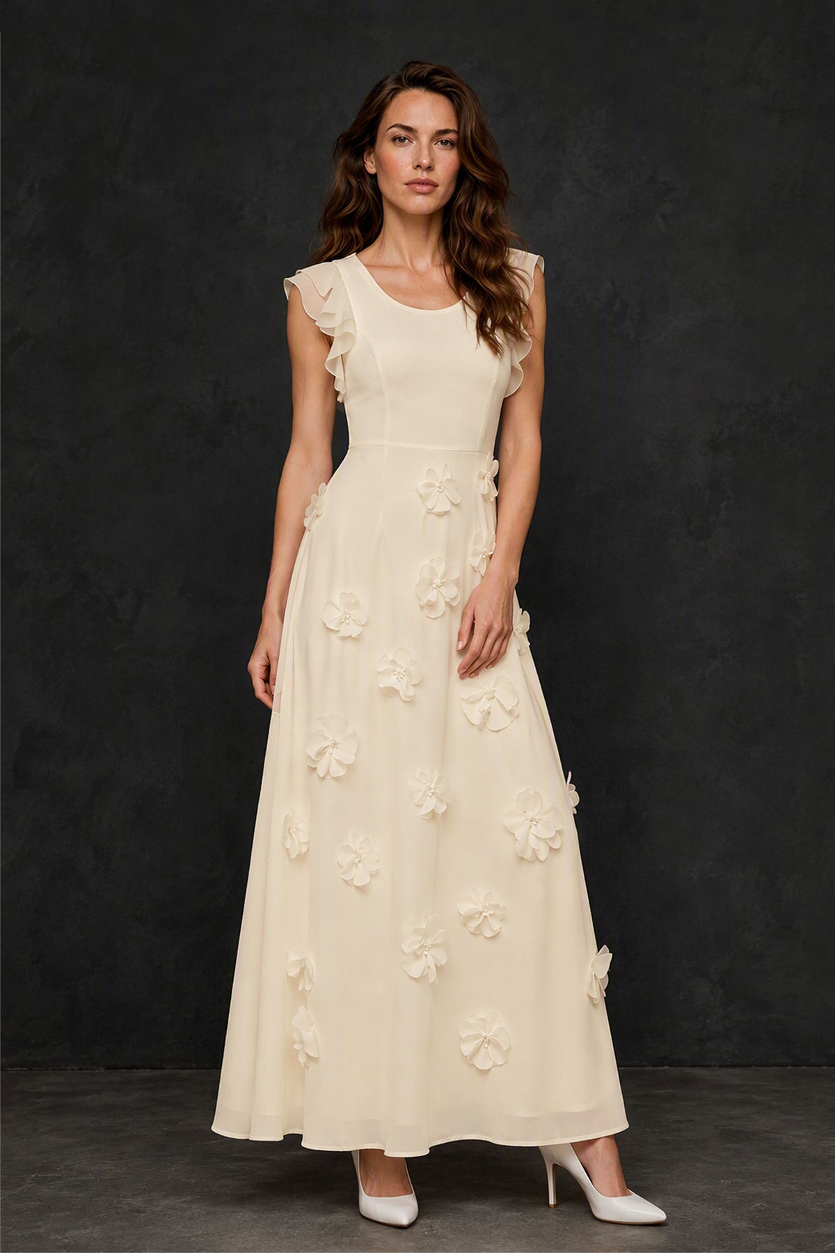 BOLODOO Champagne Scoop Neck Flutter Sleeve 3D Floral Appliqué A-Line Chiffon Maxi Dress - Champagne