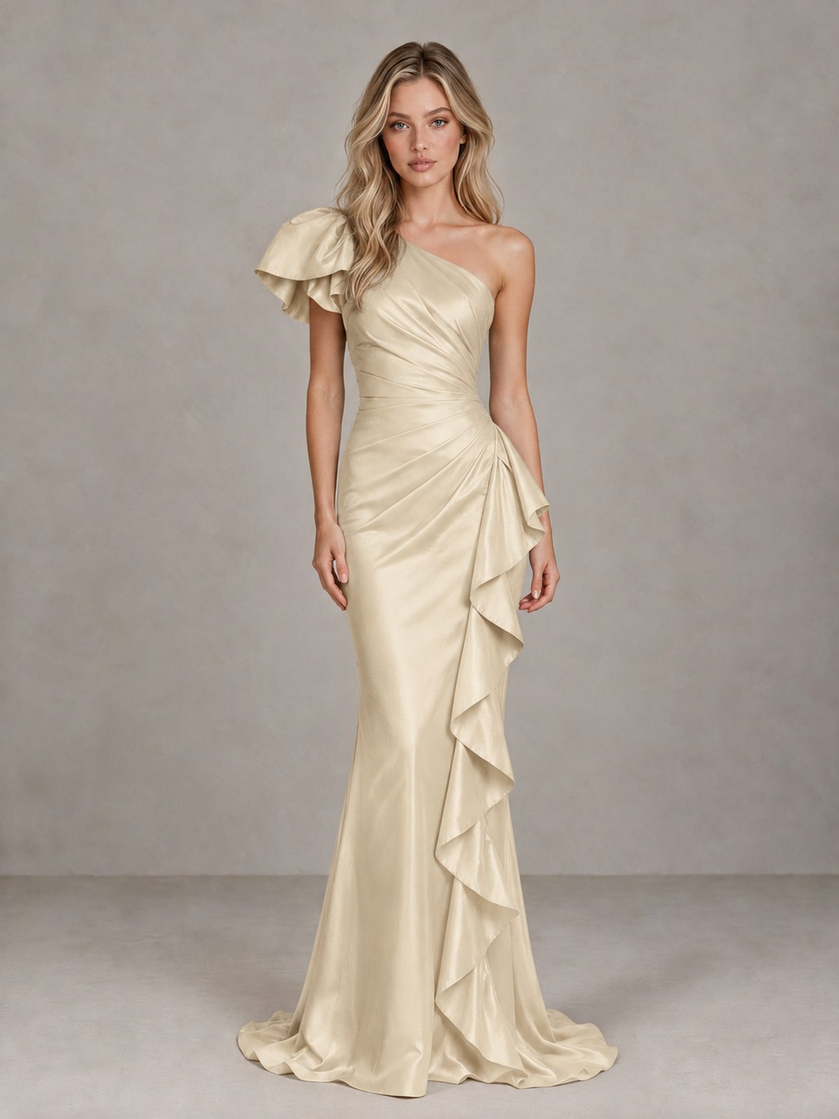 BOLODOO Champagne One-Shoulder Satin-Look Mermaid Evening Dress with Ruffles - Champagne - Champagne (1)