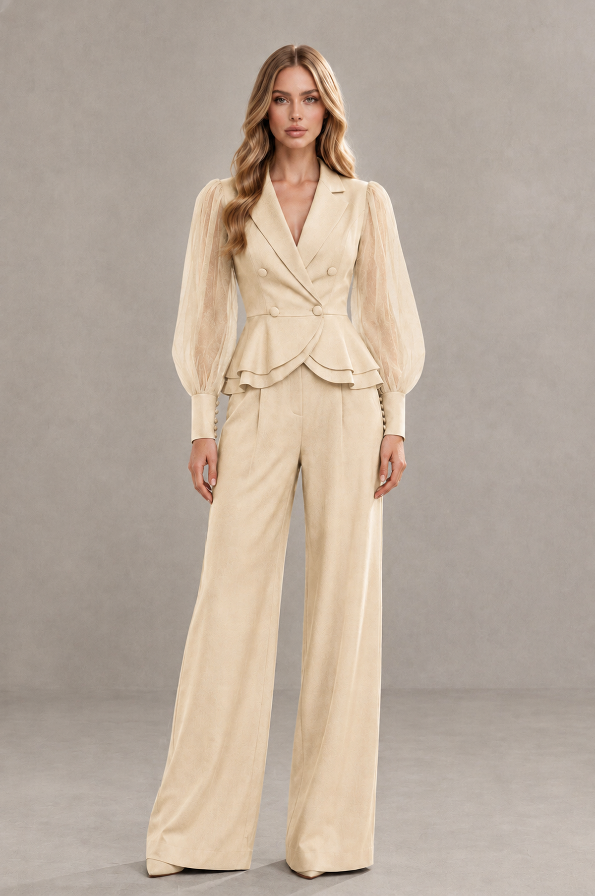 BOLODOO Mint Champagne Peplum Blazer Wide-Leg Pantsuit with Sheer Puff Sleeves - Champagne