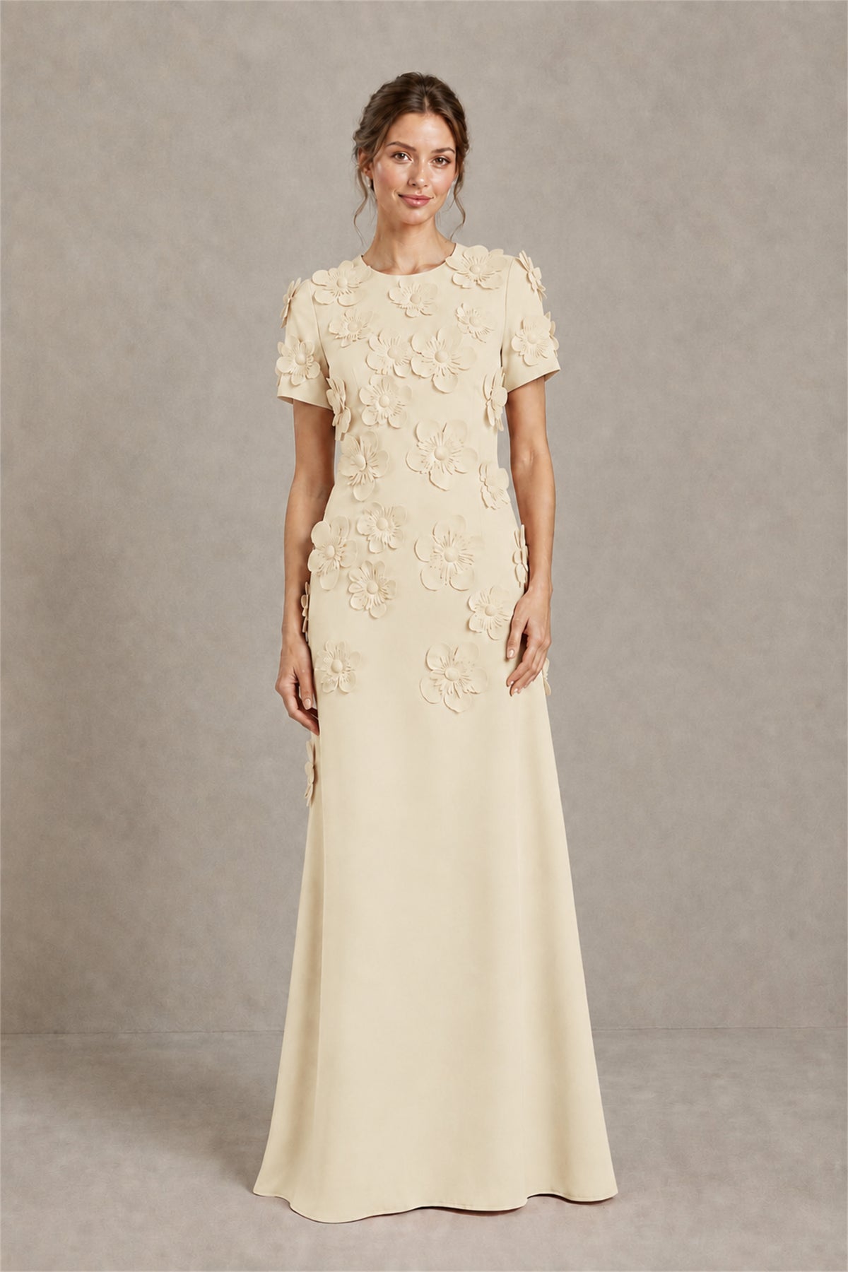 BOLODOO Champagne Textured Floral Maxi Dress with Short Sleeves - Champagne