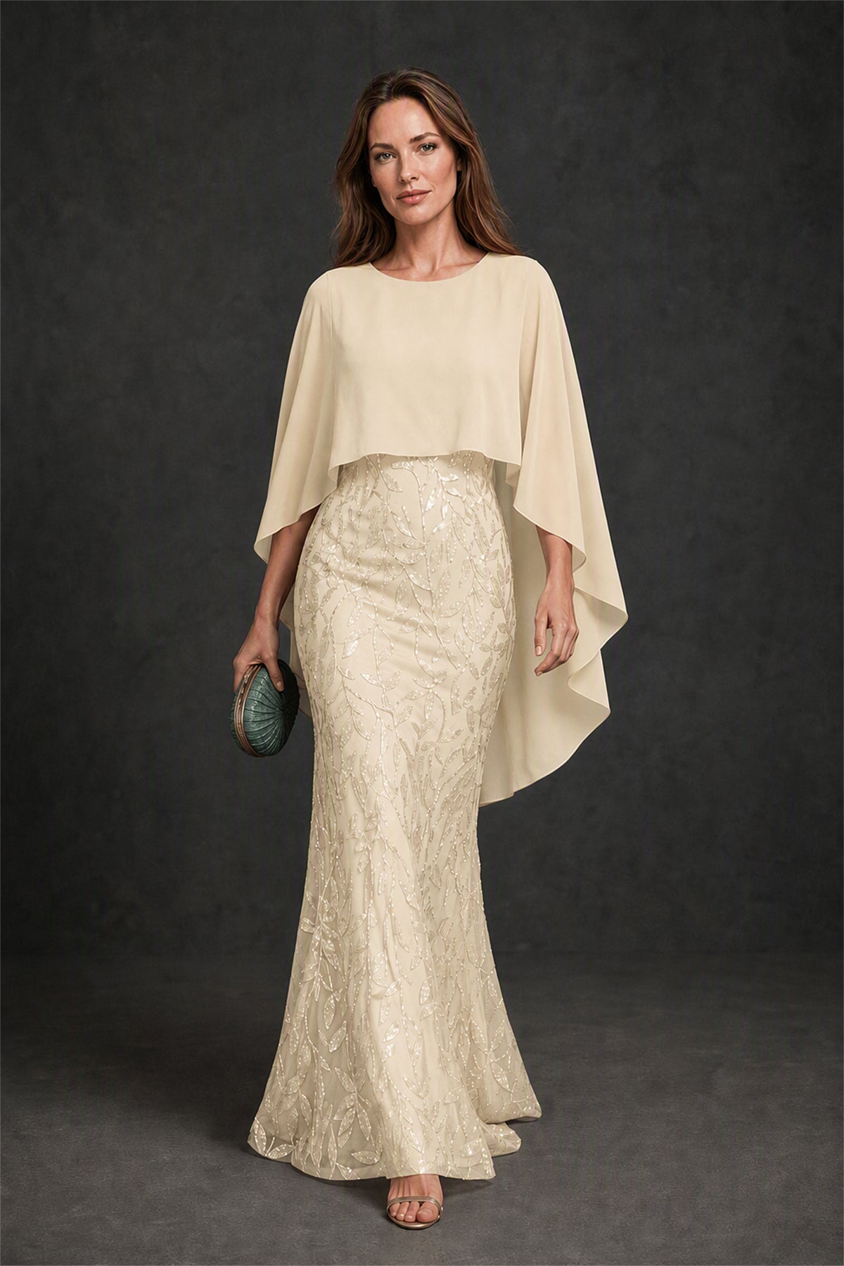 BOLODOO Champagne Round Neck Chiffon Cape Overlay Sequin Lace Mermaid Maxi Dress - Champagne