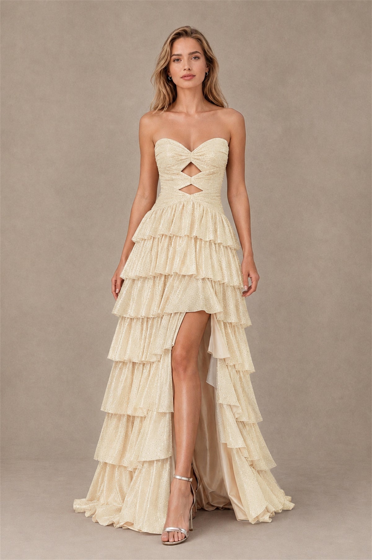 BOLODOO Champagne Strapless Cutout Tiered Ruffle Prom Dress with High Slit - Champagne - Champagne (1)