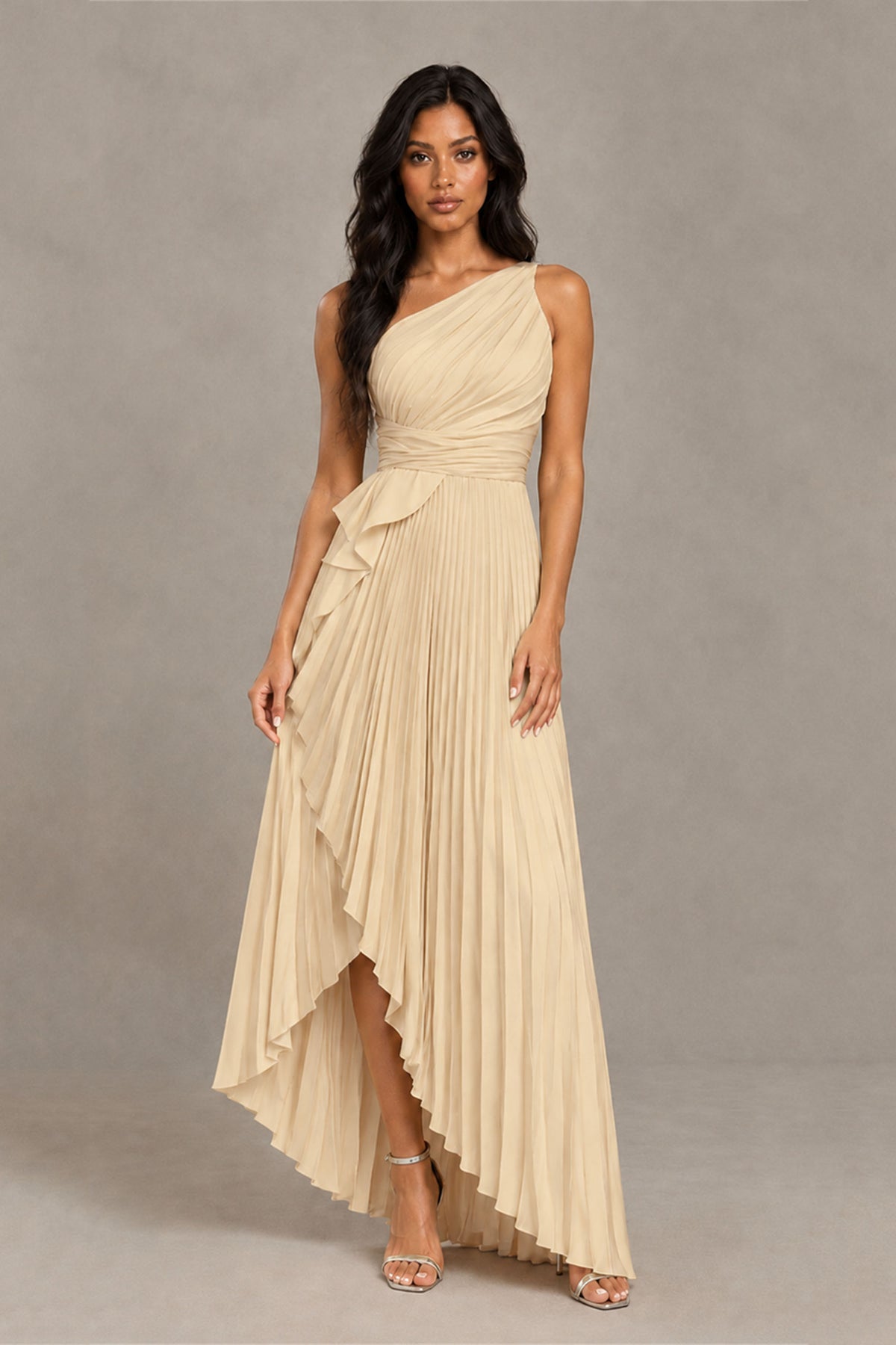 BOLODOO Champagne One-Shoulder High-Low Ruffle Maxi Dress - Champagne