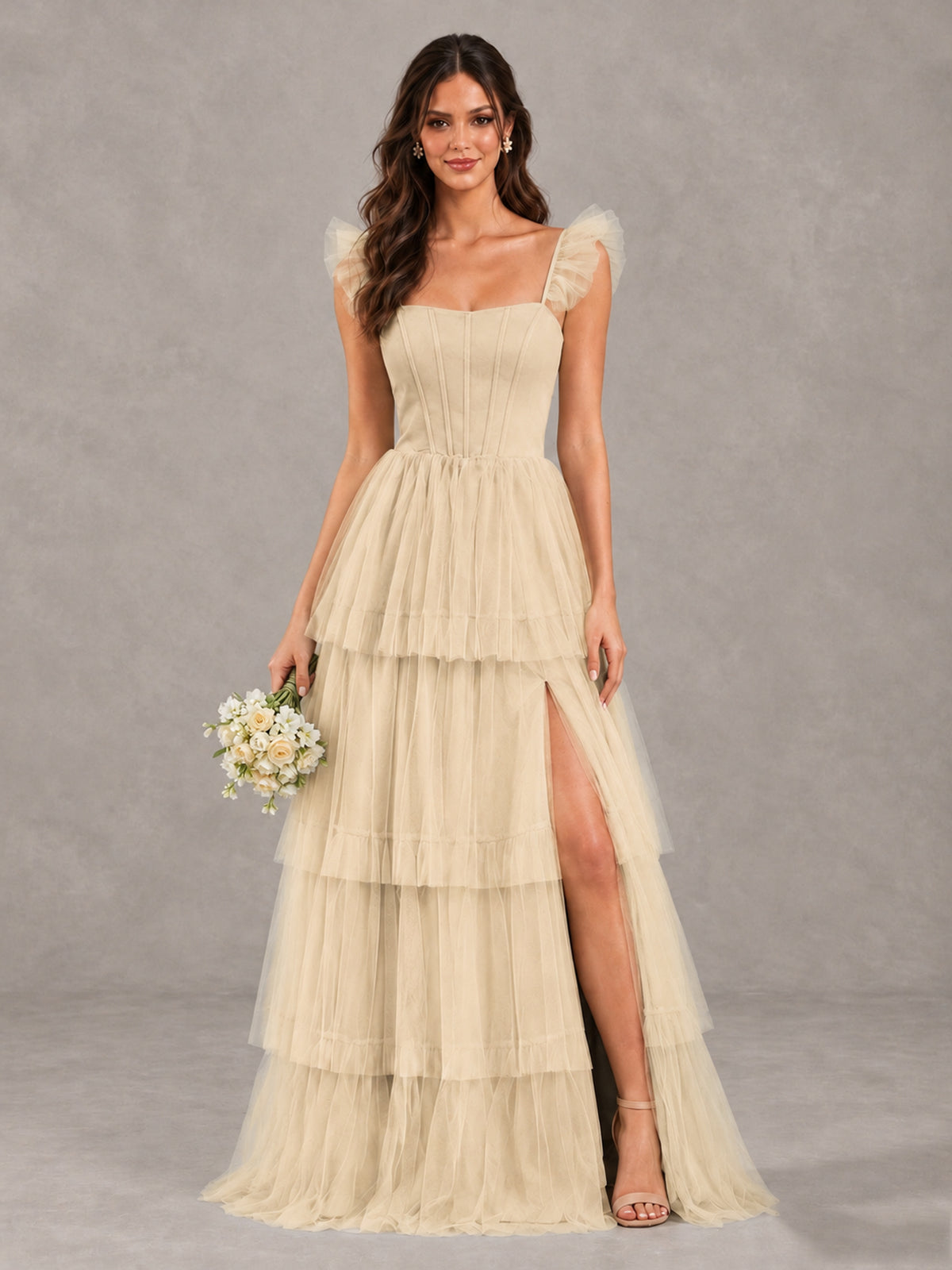 BOLODOO Champagne Tiered Tulle Bridesmaid Dress with Slit - Champagne - Champagne (1)
