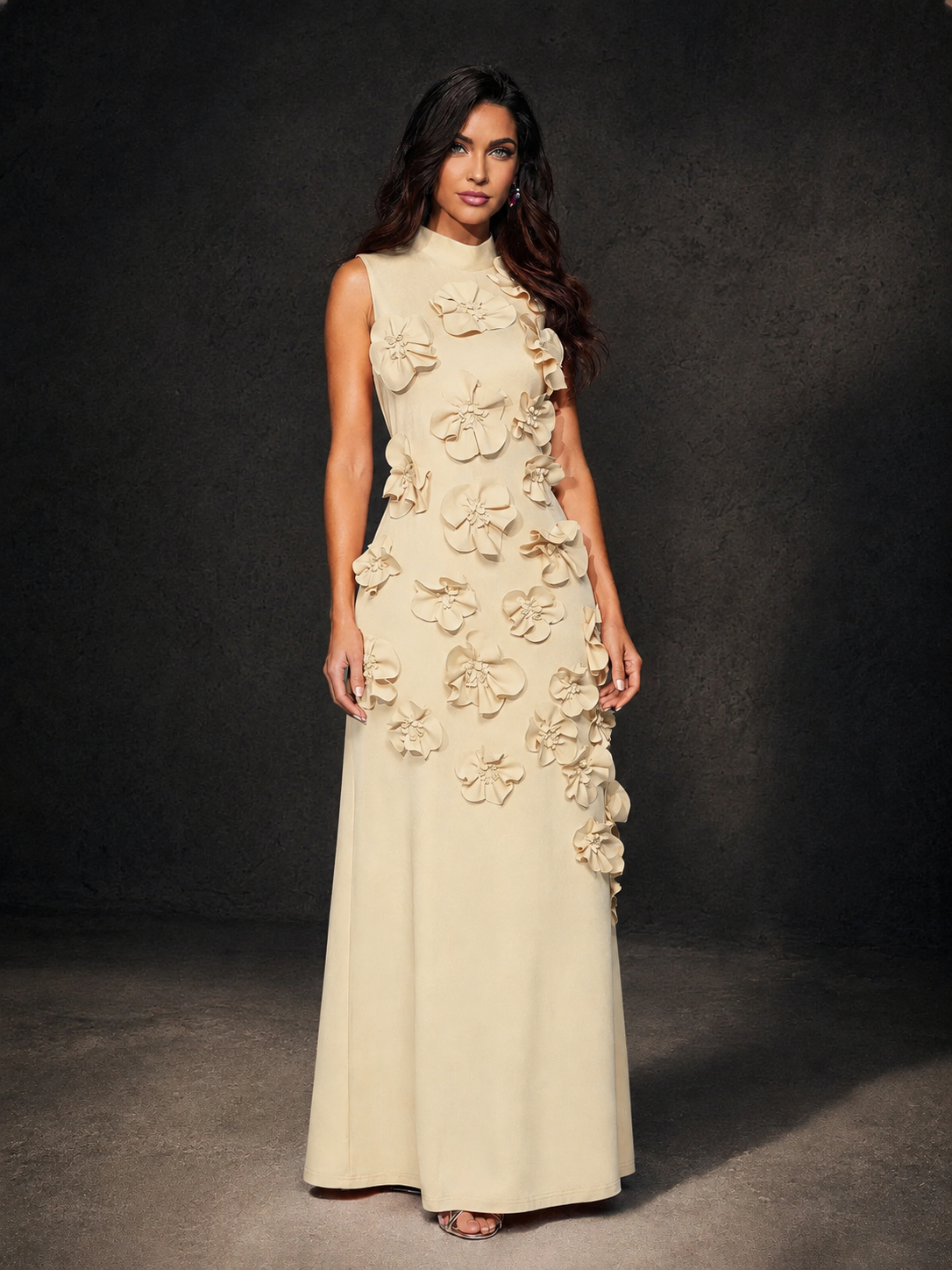 BOLODOO Champagne Mock Neck Sleeveless 3D Floral Appliqué Maxi Dress with Bow Back - Champagne