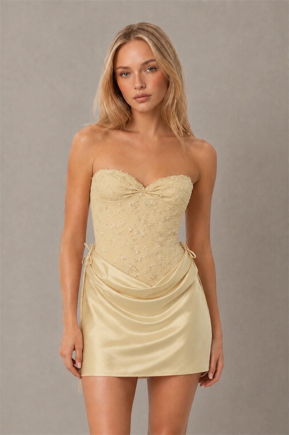 BOLODOO Champagne Lace Corset Strapless Sweetheart Satin Mini Dress with Open Back - Champagne
