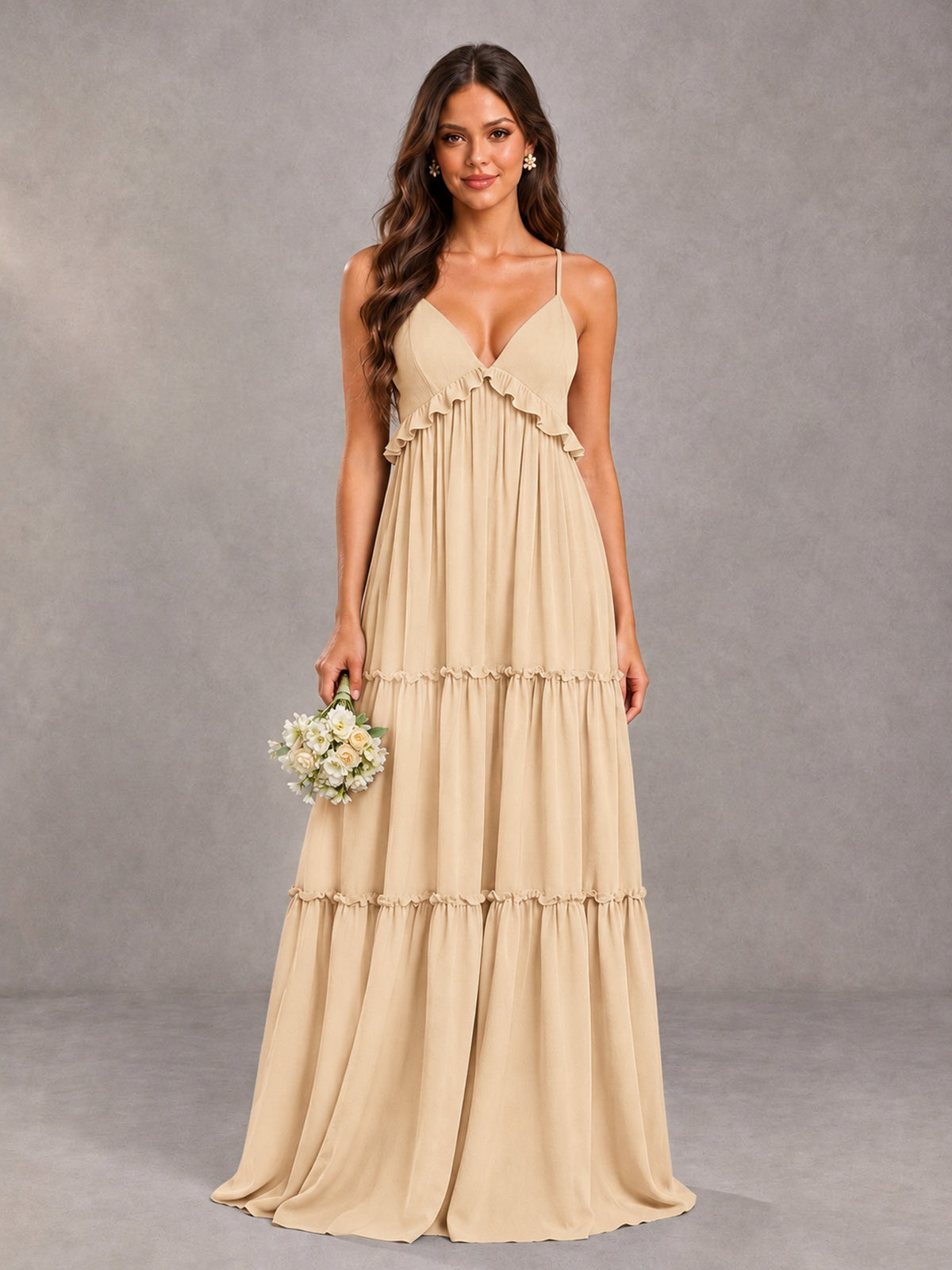 BOLODOO Champagne Tiered V-Neck Lace-Up Back Bridesmaid Dress - Champagne - Champagne (1)