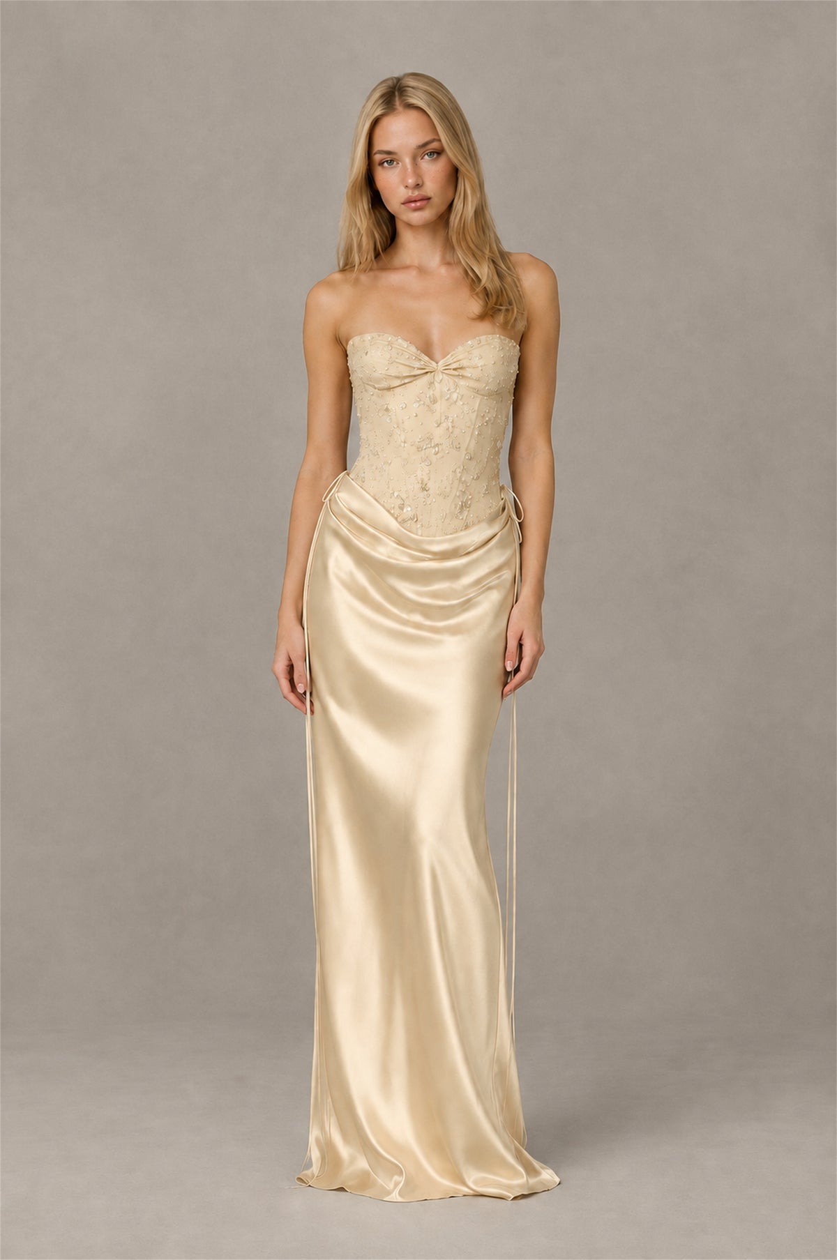 BOLODOO Champagne Strapless Embellished Corset Satin-Look Maxi Dress - Champagne