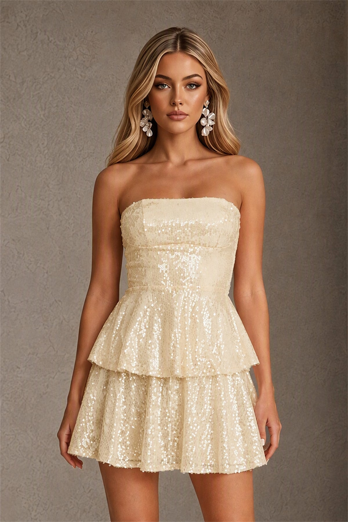 BOLODOO Champagne Iridescent Sequin Strapless Open Back Bow Tiered Mini Dress | Aurora Sequin Ruffle Party Dress - Champagne