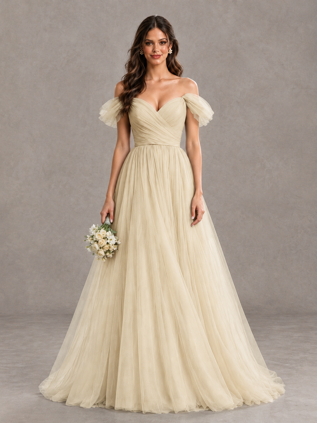 BOLODOO Champagne Off-the-Shoulder Ruffle Sleeve A-Line Bridesmaid Dress - Champagne - Champagne (1)