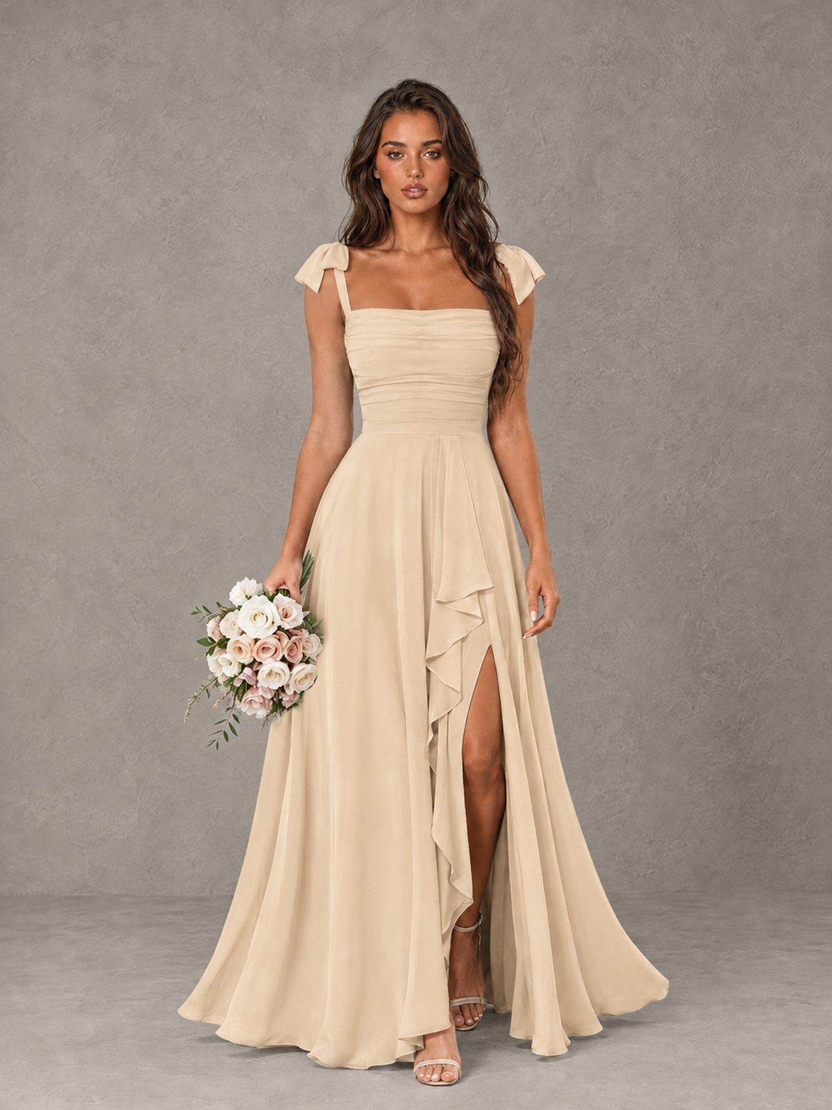 BOLODOO Champagne Bow-Strap Bridesmaid Dress with Ruffle Slit - Champagne - Champagne (1)