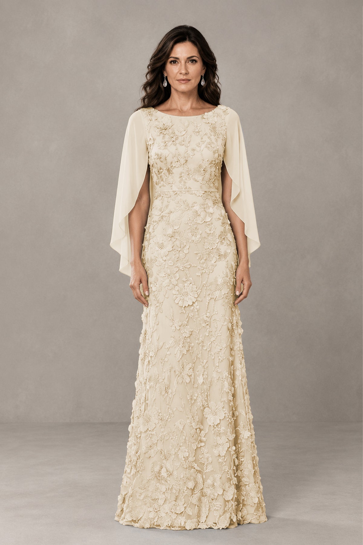 BOLODOO Champagne Lace Mother of the Bride Dress with Cape Sleeves - Champagne
