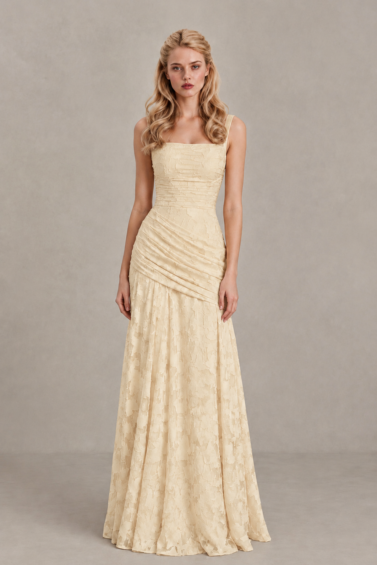 BOLODOO Champagne Ruched Floral Maxi Dress with Lace-Up Back - Champagne