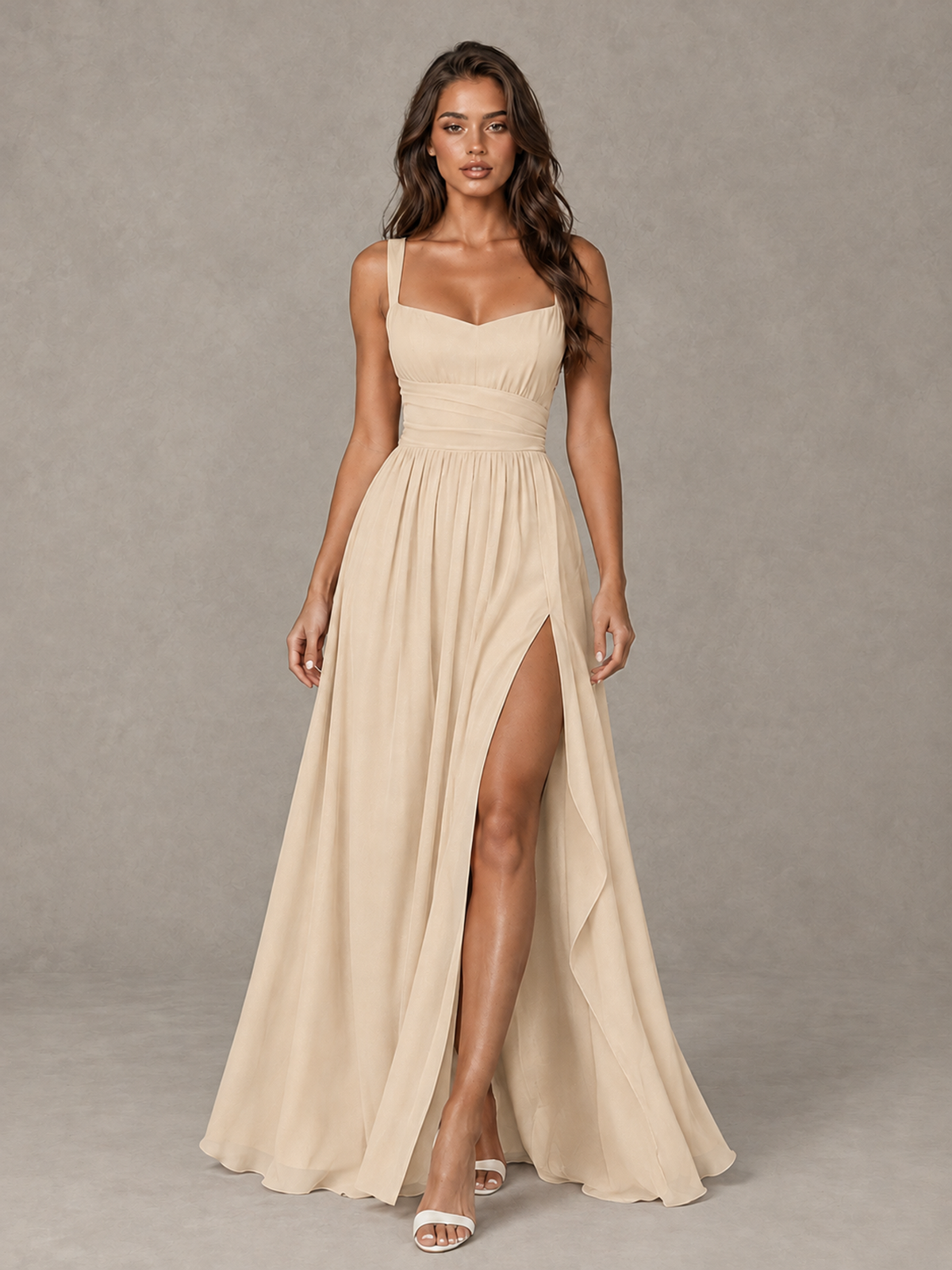 BOLODOO Champagne A-Line Bridesmaid Dress with High Slit & Lace-Up Back - Champagne - Champagne (1)