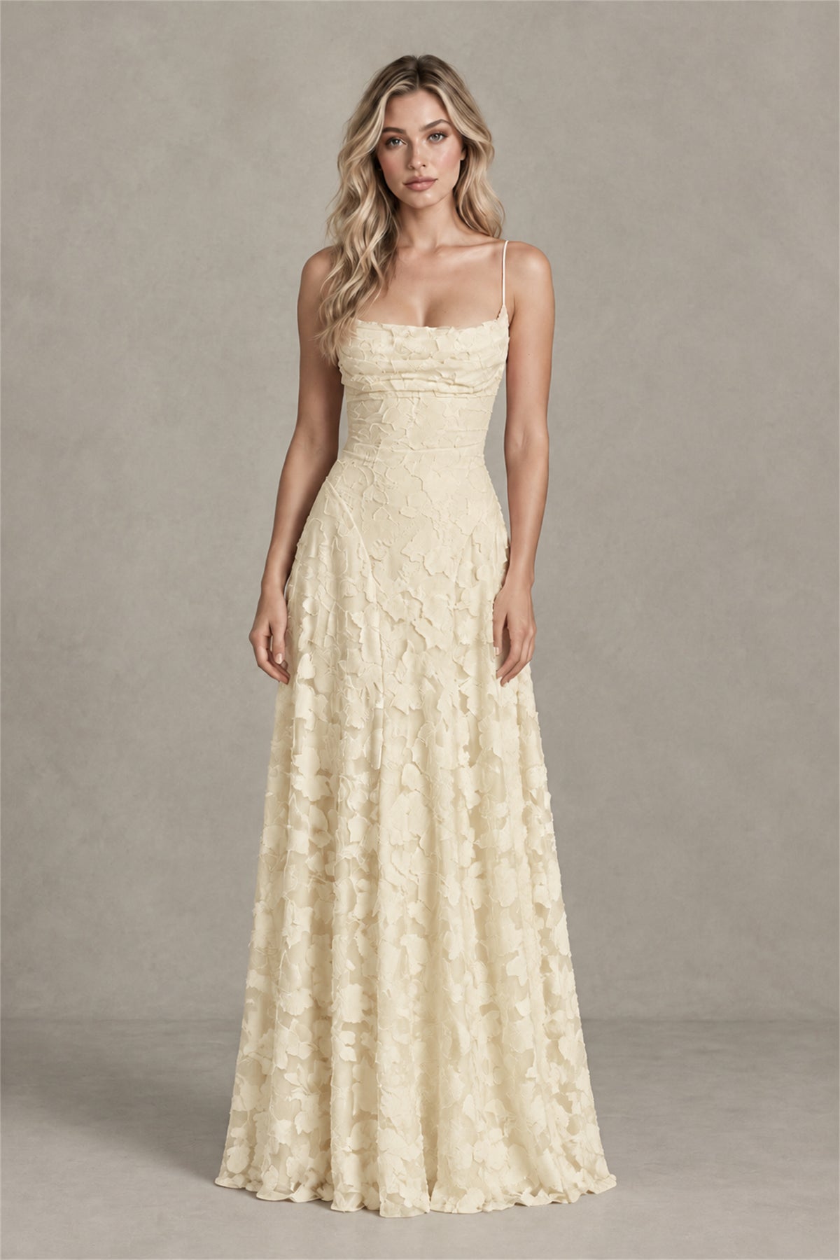 BOLODOO Champagne Floral Appliqué Lace-Up Back Maxi Dress - Champagne