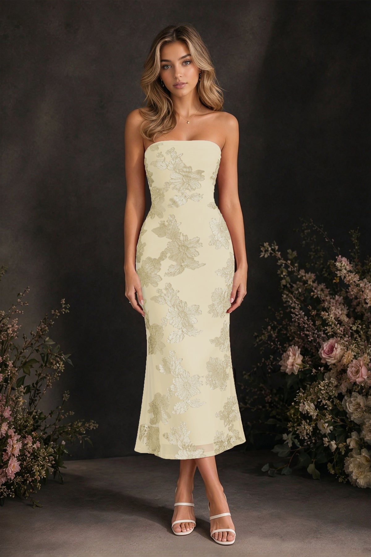 BOLODOO Champagne Tonal Floral Embroidered Mesh Strapless Open Back Bodycon Midi Tea Length Dress - Champagne