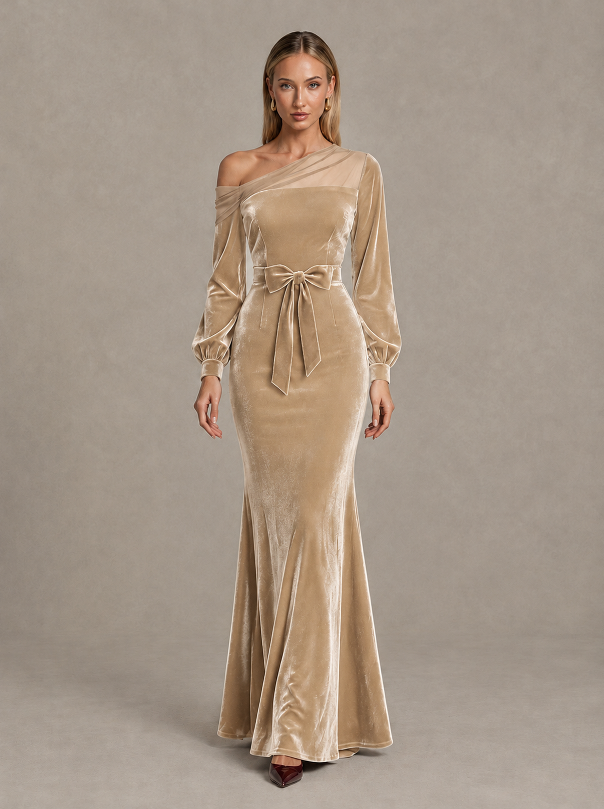 BOLODOO Champagne Velvet Mermaid Evening Dress with Long Sleeves - Champagne - Champagne (1)