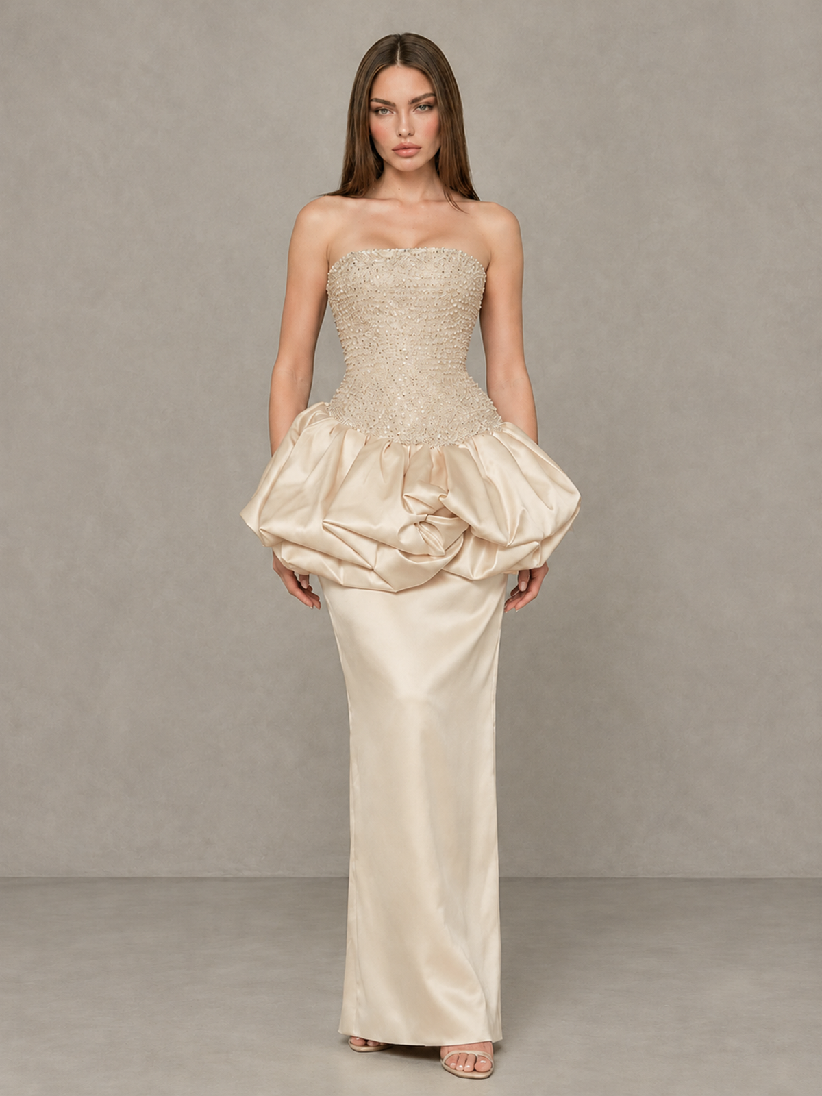 BOLODOO Champagne Strapless Embellished Bubble Peplum Evening Dress - Champagne - Champagne (1)