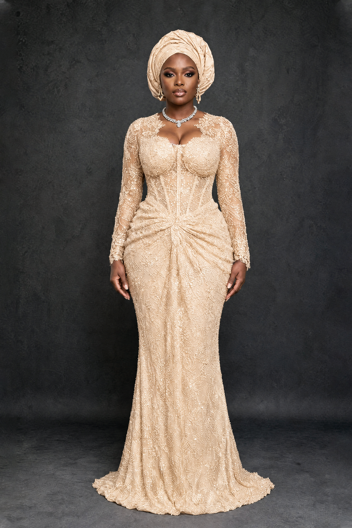 BOLODOO Champagne Beaded Lace Long Sleeve Mermaid Gown Sweetheart | Mother of the Bride - Champagne