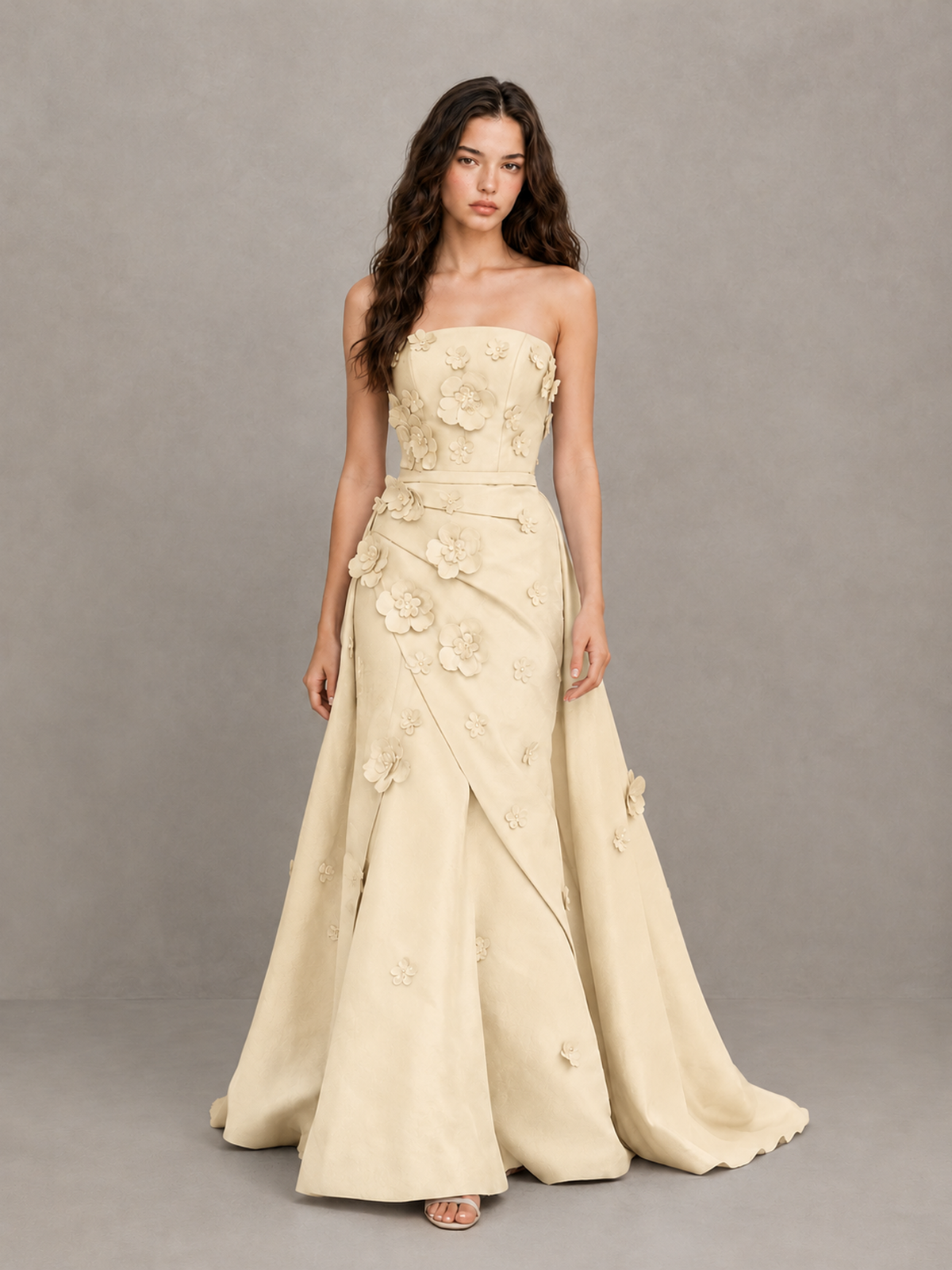 BOLODOO Champagne Strapless 3D Floral Applique Prom Gown with Draped Skirt - Champagne - Champagne (1)