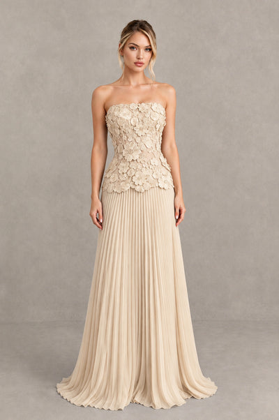 BOLODOO Champagne Strapless Floral Applique Pleated Evening Dress - Champagne - Champagne (1)