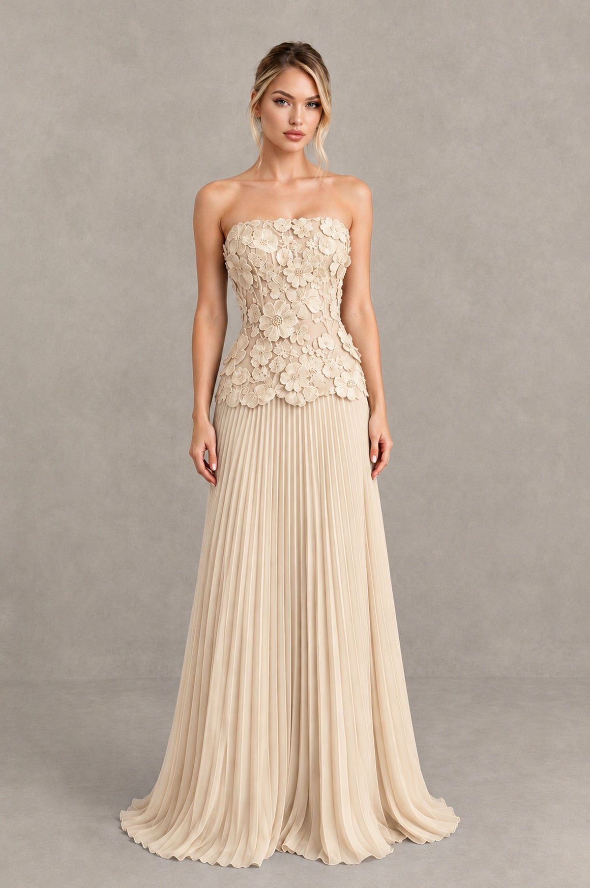 BOLODOO Champagne Strapless Floral Applique Pleated Evening Dress - Champagne - Champagne (1)
