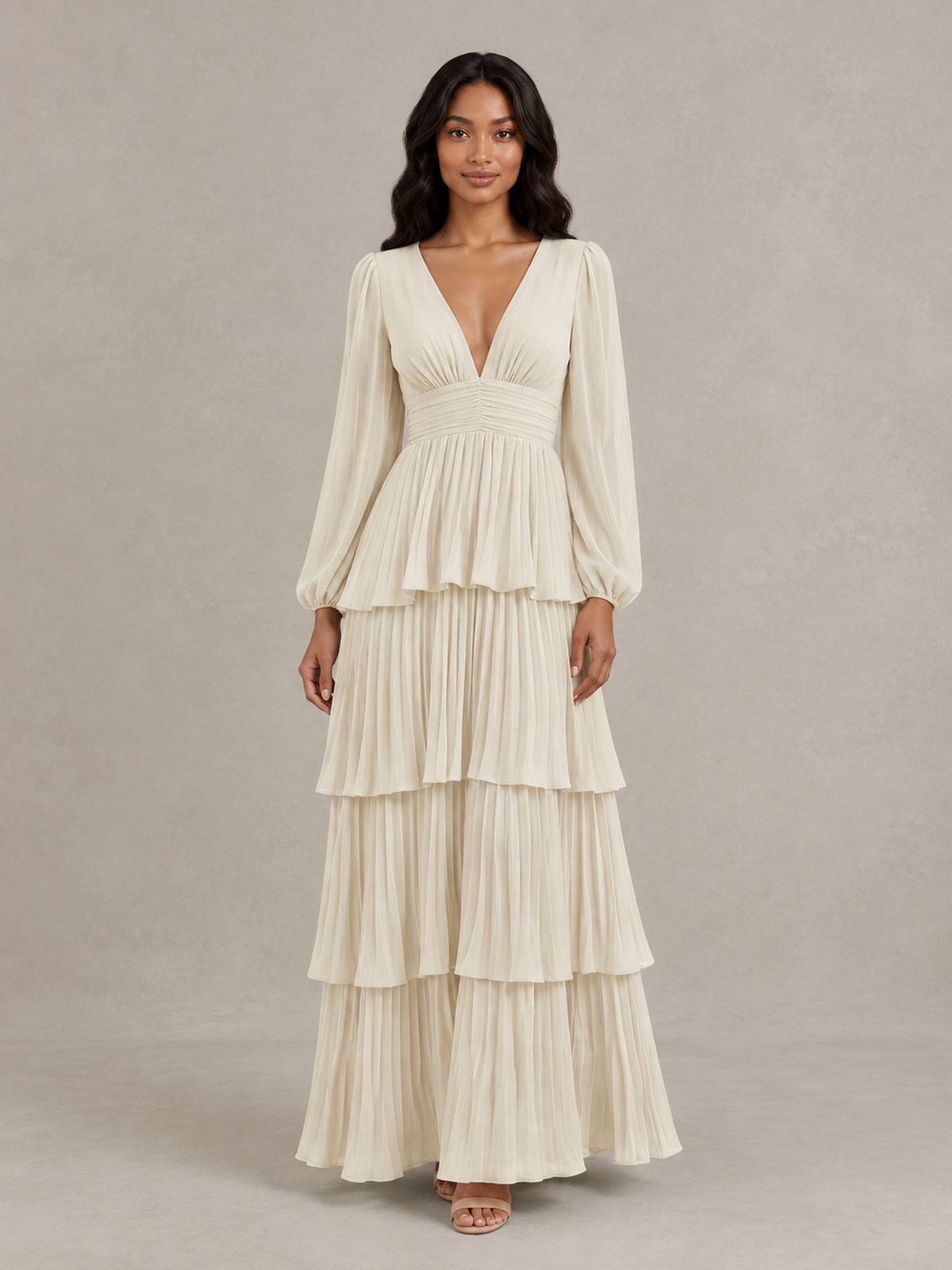 BOLODOO Champagne Long-Sleeve Tiered Maxi Dress with Deep V-Neck - Champagne