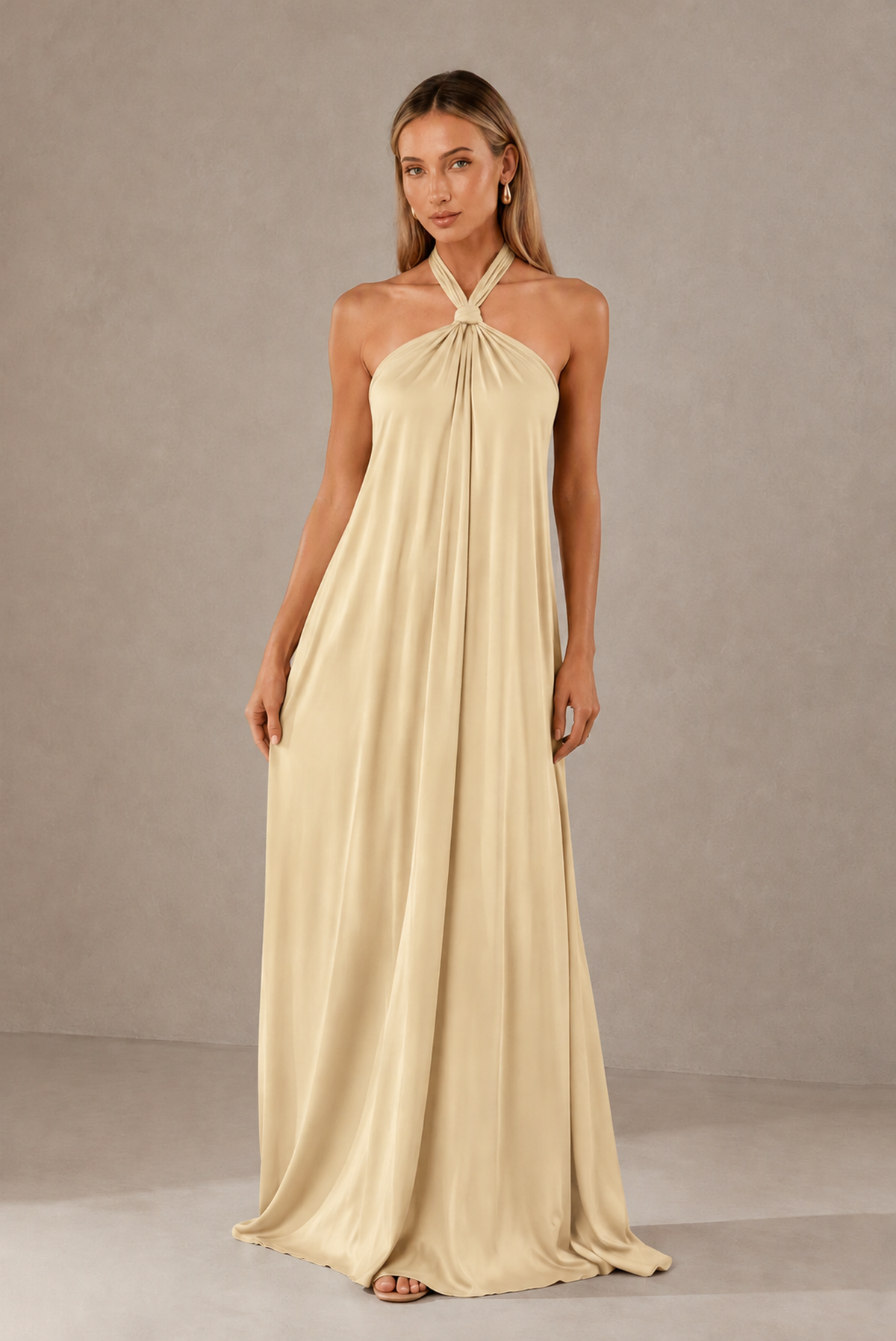 BOLODOO Champagne Backless Halter Satin Bridesmaid Dress - Champagne