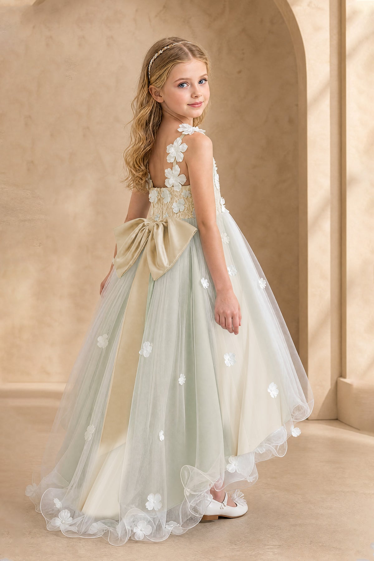 BOLODOO Champagne Flower Girl Dress with Floral Appliqué and High-Low Tulle Skirt - Champagne