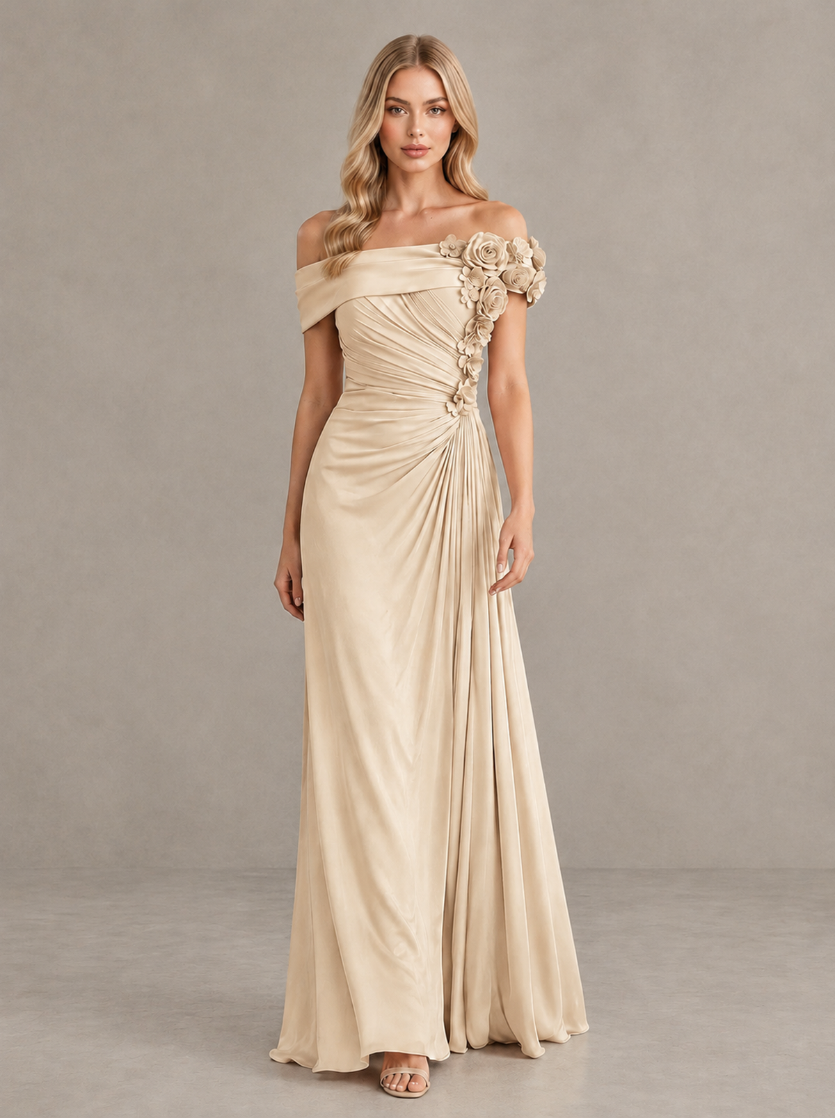 BOLODOO Champagne Off-Shoulder Floral Applique Wedding Guest Maxi Dress - Champagne - Champagne (1)