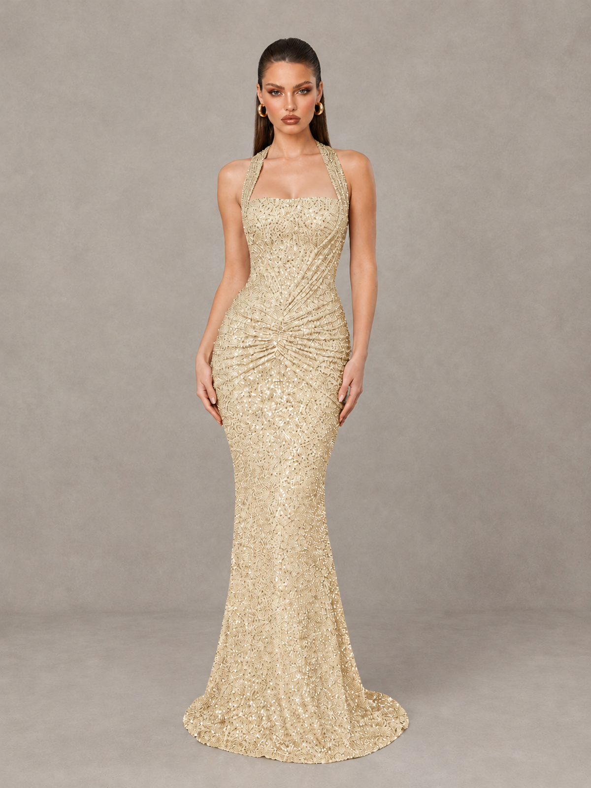 BOLODOO Champagne Sequin Halter Mermaid Evening Gown - Champagne - Champagne (1)
