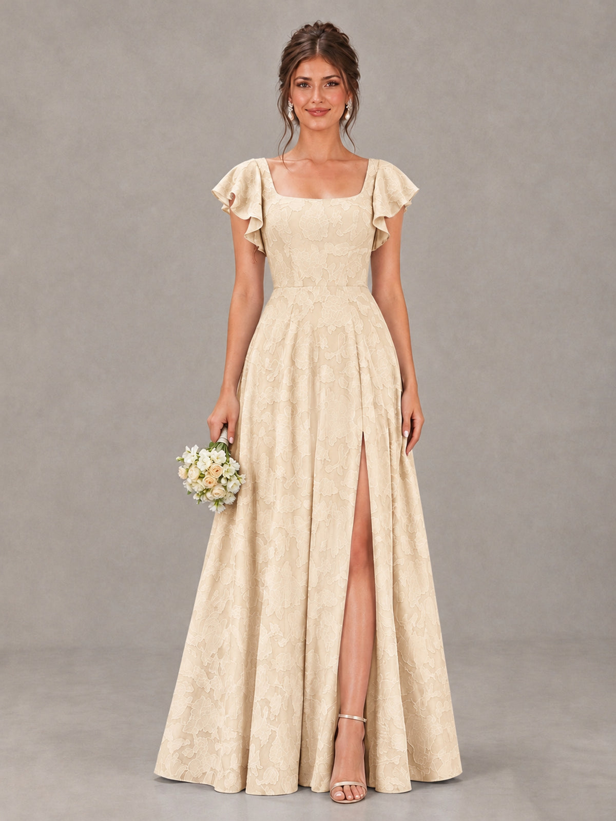 BOLODOO Champagne Floral Flutter Sleeve Bridesmaid Dress with Slit - Champagne - Champagne (1)