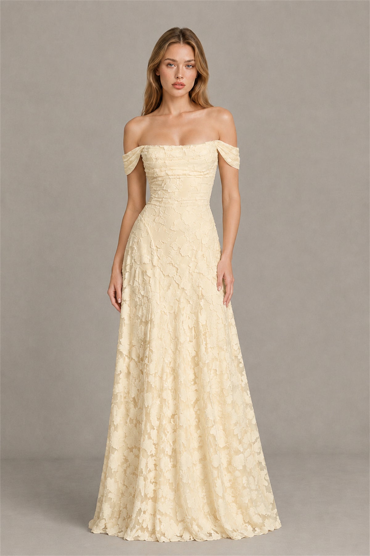 BOLODOO Champagne Off-Shoulder Pleated A-Line Maxi Dress Floral - Champagne