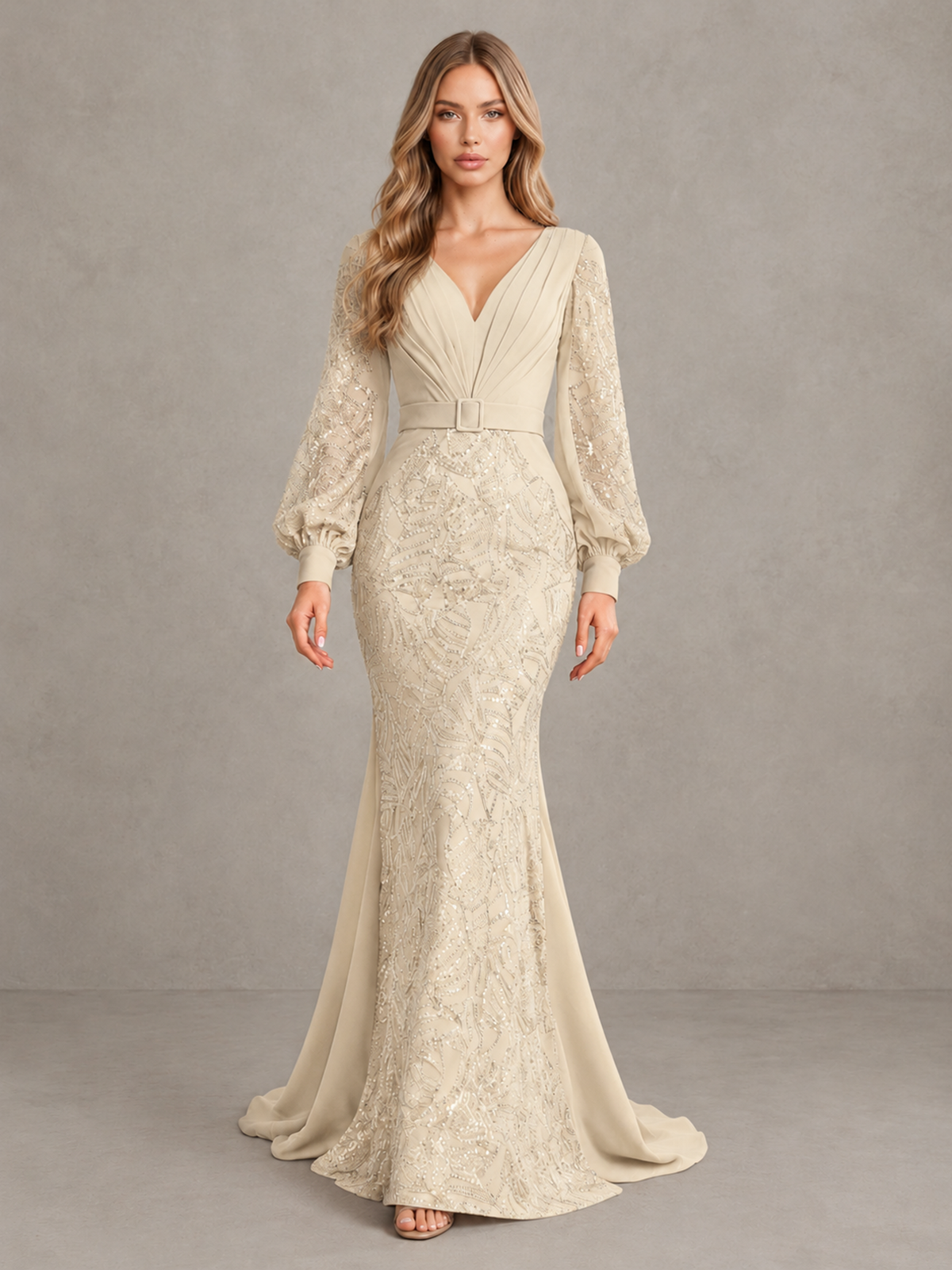 BOLODOO Champagne Sequin Long Bishop Sleeve Mermaid Evening Dress - Champagne - Champagne (1)