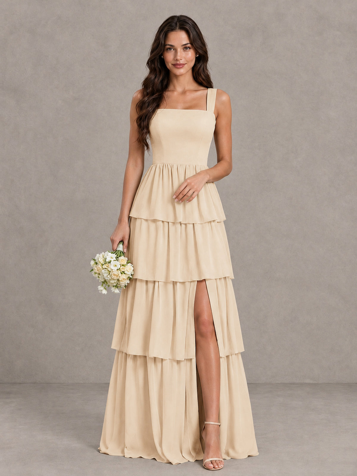 BOLODOO Champagne Square Neck Tiered Bridesmaid Dress with Slit - Champagne - Champagne (1)
