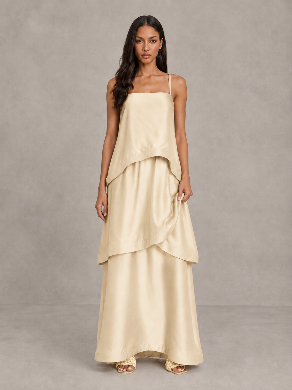 BOLODOO Champagne Satin Tiered Maxi Dress with Spaghetti Straps - Champagne