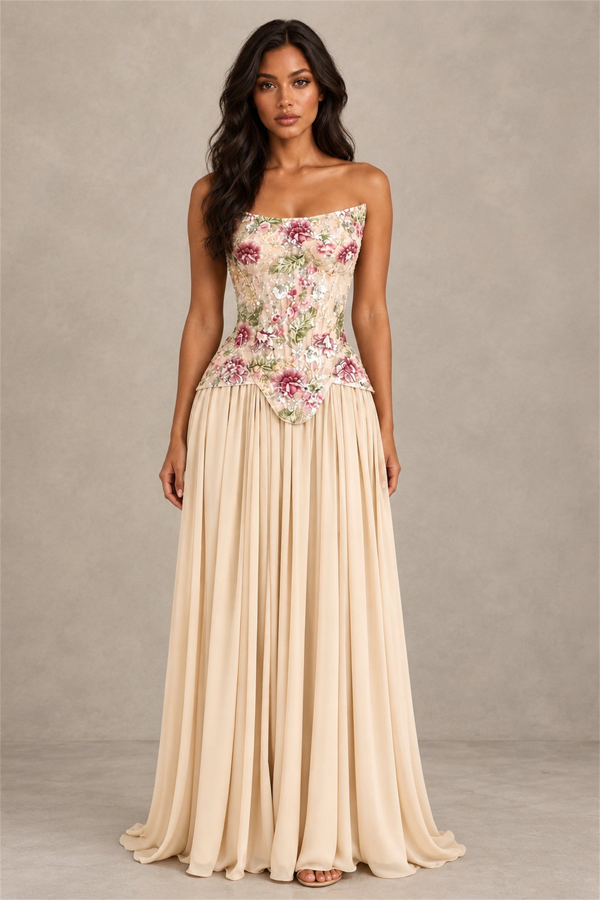 BOLODOO Champagne Strapless Floral Beaded Chiffon Maxi Dress - Champagne