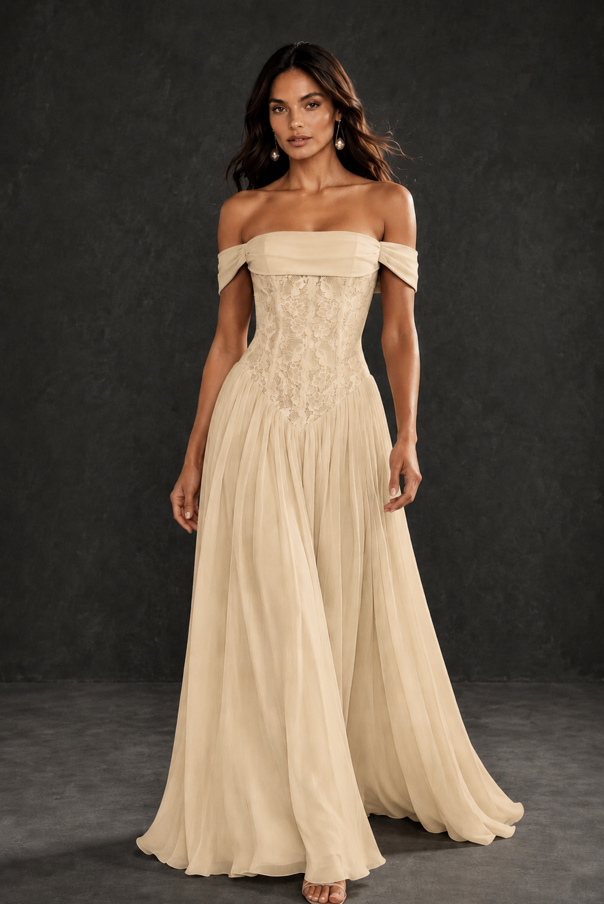 BOLODOO Champagne Off-Shoulder Lace Corset Tulle Maxi Dress - Champagne