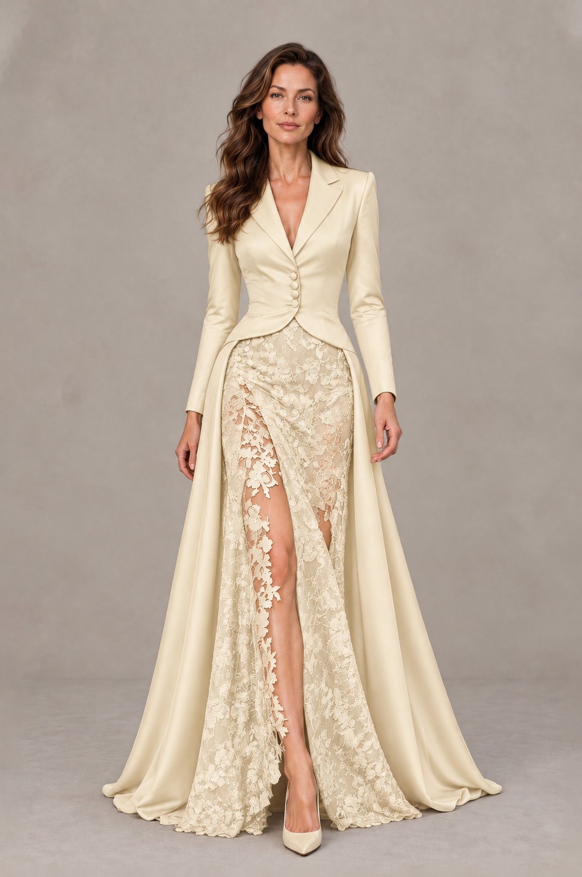 BOLODOO Champagne Long Sleeve Lace Blazer Gown with High Slit - Champagne - Champagne (1)