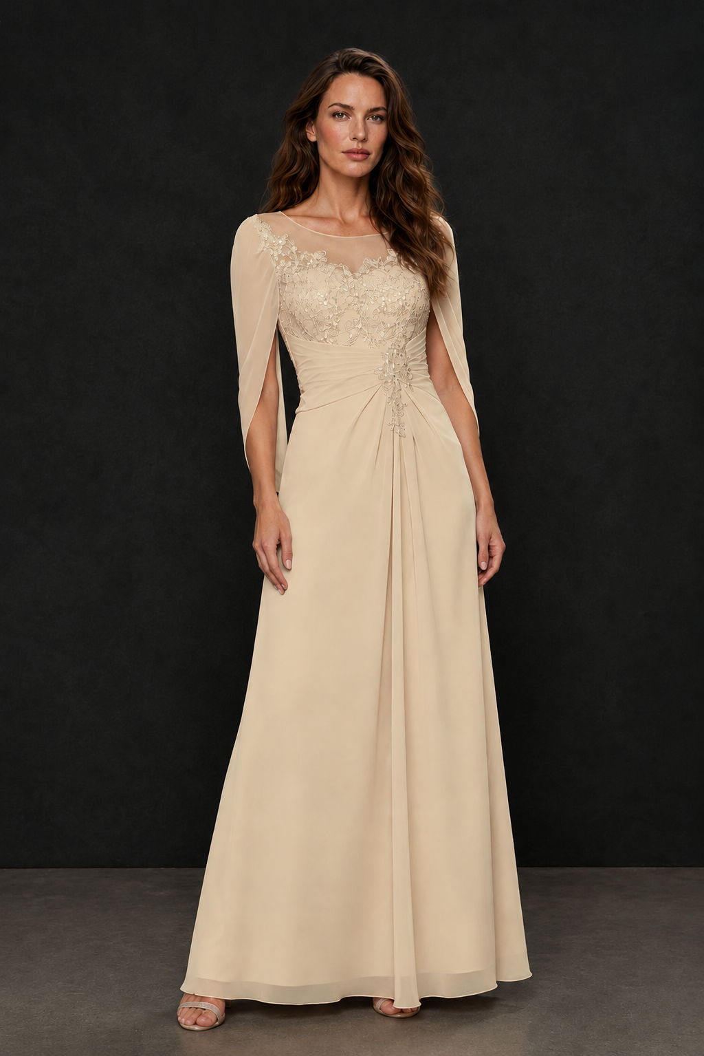 BOLODOO Champagne Illusion Lace One-Side Cape Sleeve Beaded Chiffon Floor Length Gown | Mother of the Bride Evening Dress - Champagne
