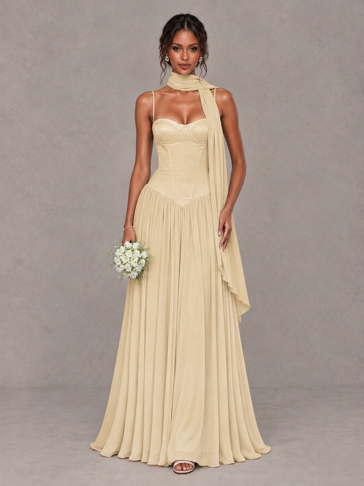 BOLODOO Champagne Corset Bridesmaid Dress with Scarf - Champagne - Champagne (1)