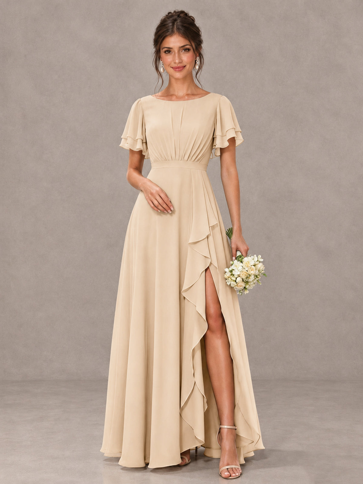 BOLODOO Champagne Flutter Sleeve Ruffle Bridesmaid Dress with Slit - Champagne - Champagne (1)